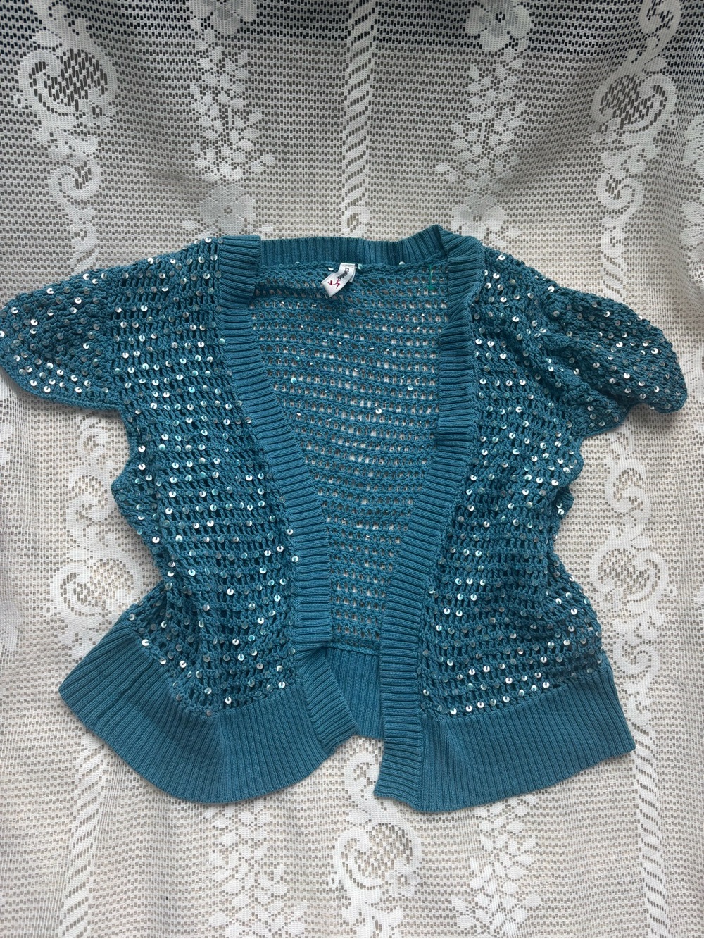Y2K Teal Sequined Open Knit Cardigan